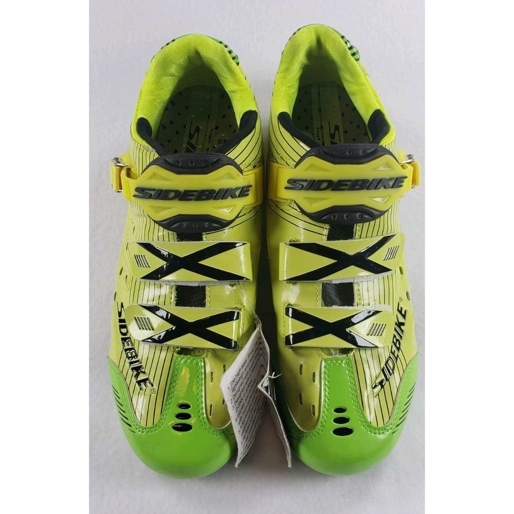 Sidebike Road Cycling Shoes Size 12 Neon Green Yellow 3-Bolt Buckle Hook Loop - Picture 2 of 11